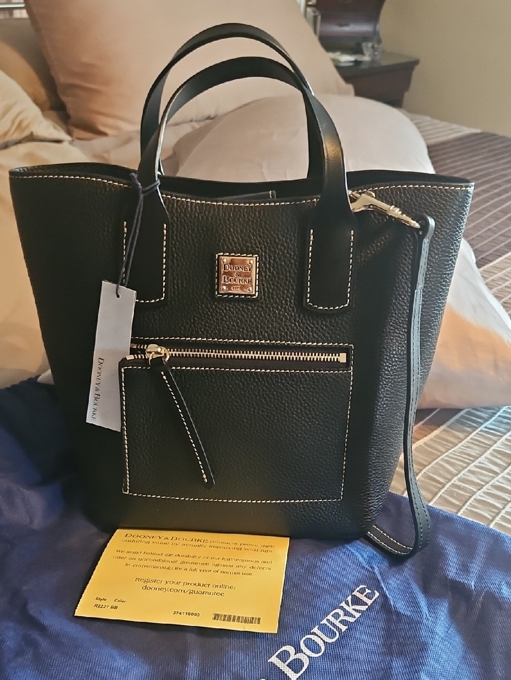 Dooney & Bourke Black Pebble Leather Tote with Front Zip Pocket